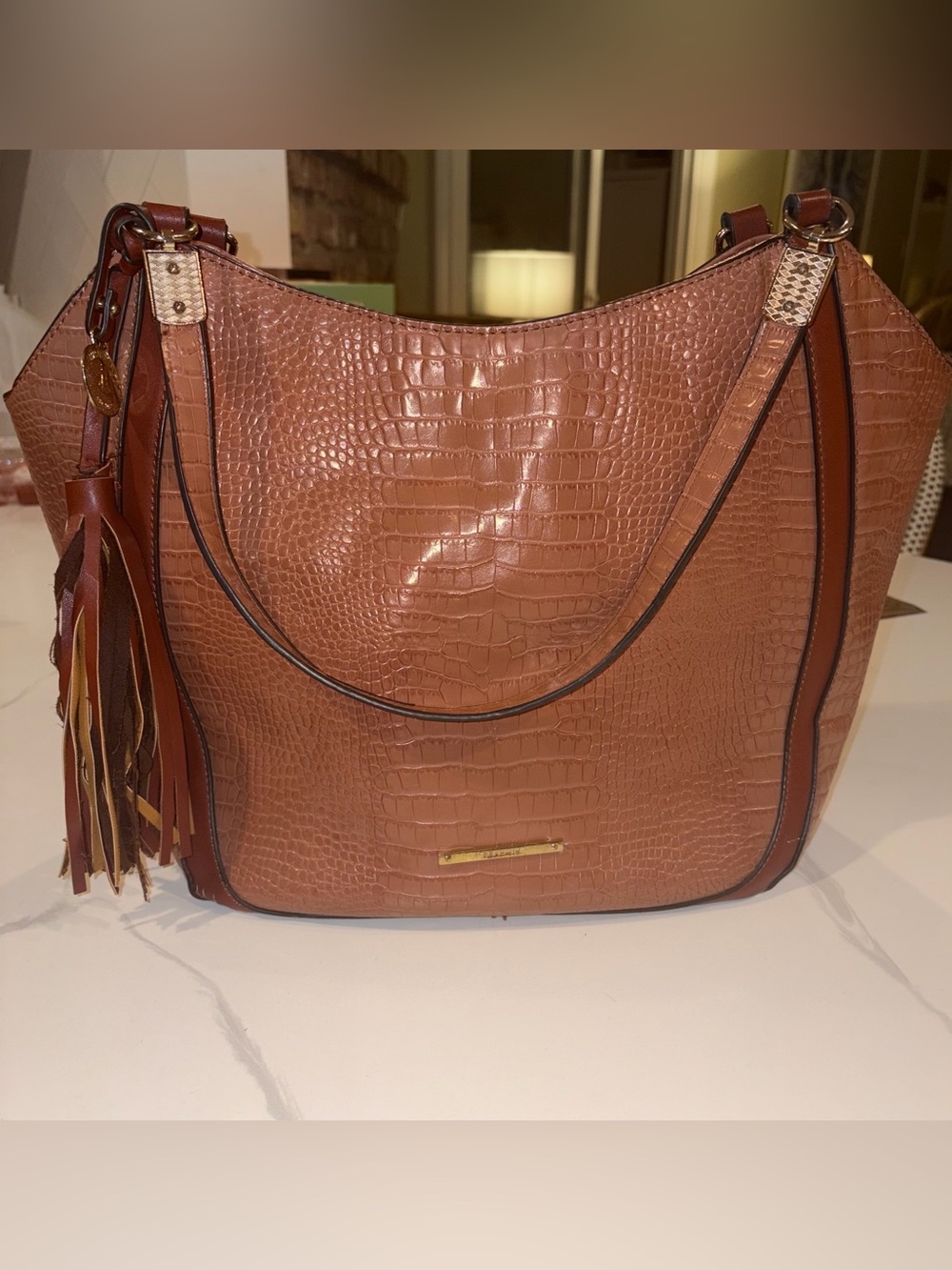 Brahmin Cognac Croc-Embossed Leather Shoulder Bag with Tassel